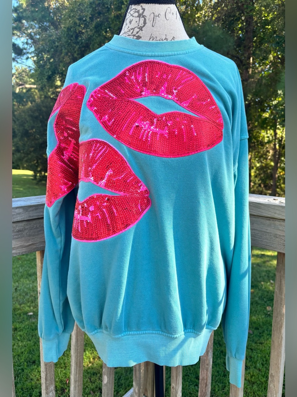 Judith March Teal Sweatshirt with Hot Pink Sequin Lips